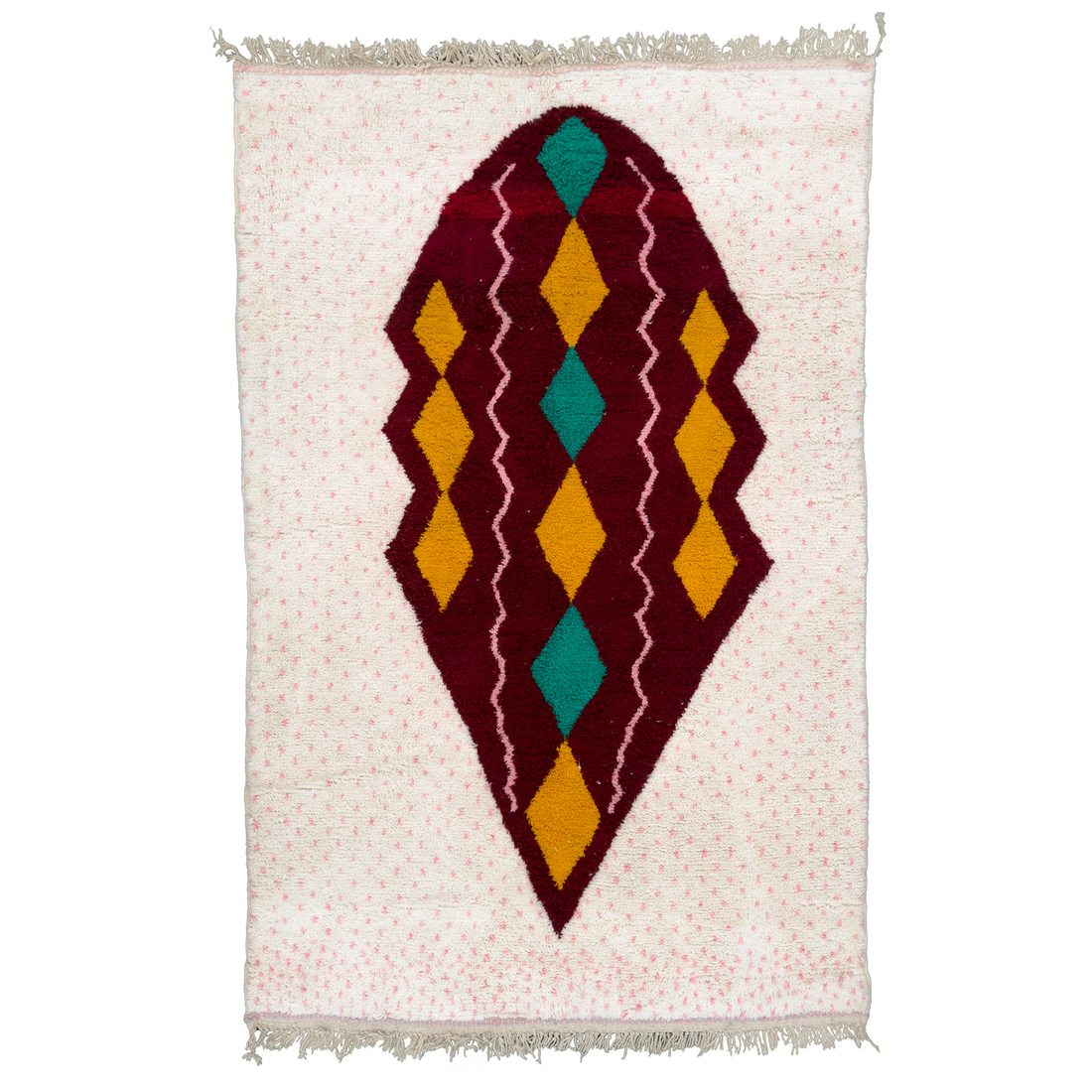 Enhance your living space with the Pink Glace Rug, featuring an exquisite abstract design that combines playful pink dots and an intricate motif pattern. The cream base serves as a perfect backdrop, allowing the colors to pop and create a visually stunning effect. This rug is a harmonious blend of modern aesthetics and traditional Azilal influences.