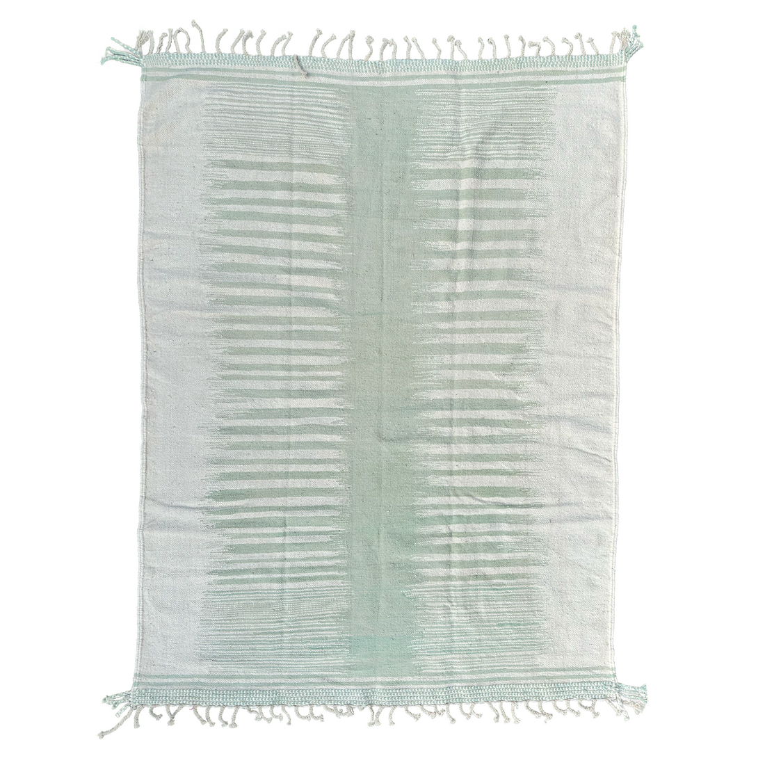 A stunning flatweave rug designed for both indoor and outdoor use. Crafted with no pile and a soothing color palette of cream and mint green.