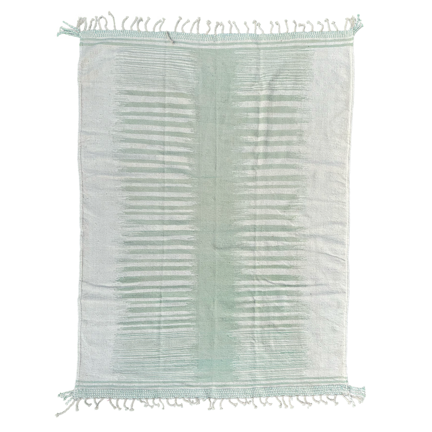 A stunning flatweave rug designed for both indoor and outdoor use. Crafted with no pile and a soothing color palette of cream and mint green.