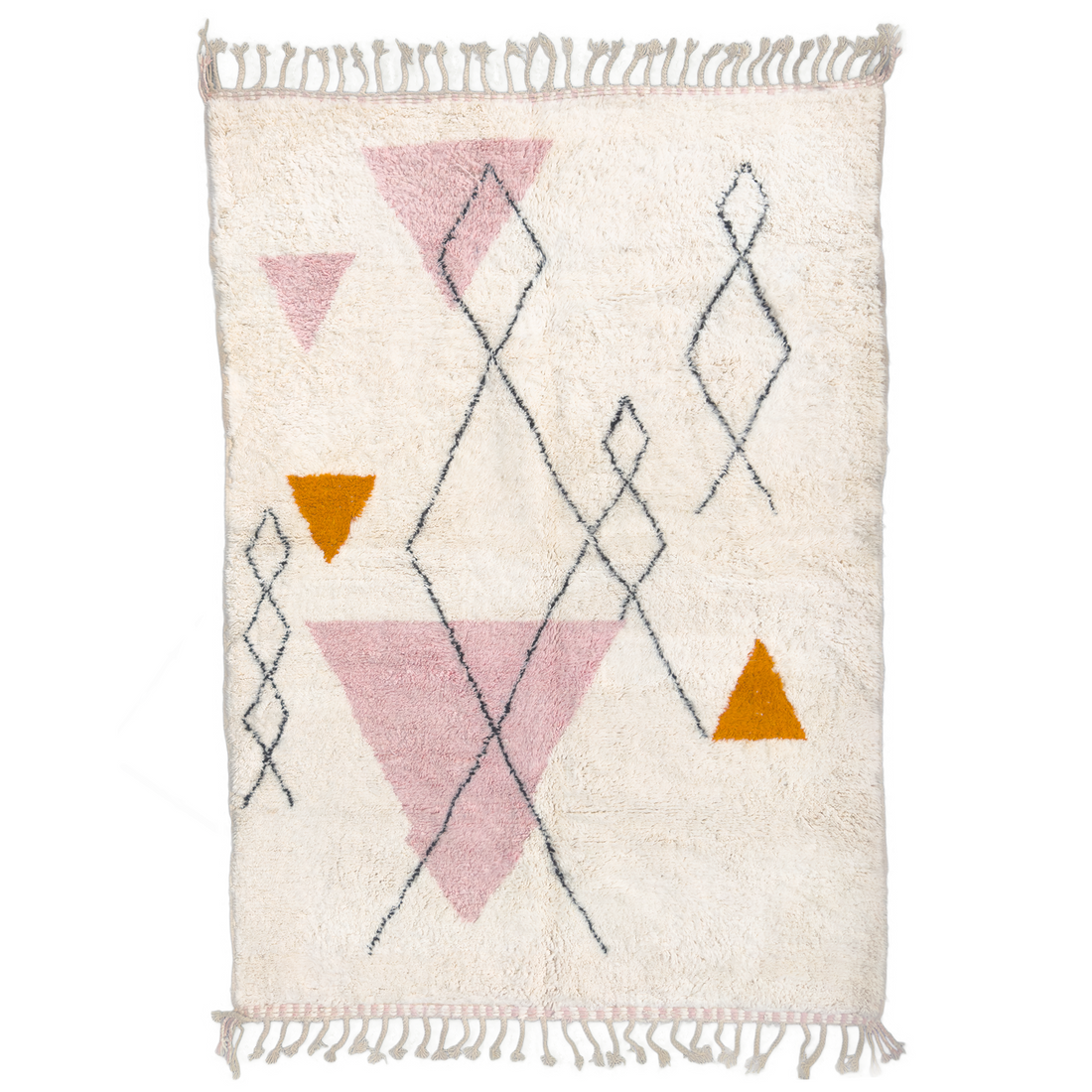 The rug features a classic cream base adorned with intricate black linework, while the eye-catching gold and pink accents add a refreshing twist to the traditional pattern.