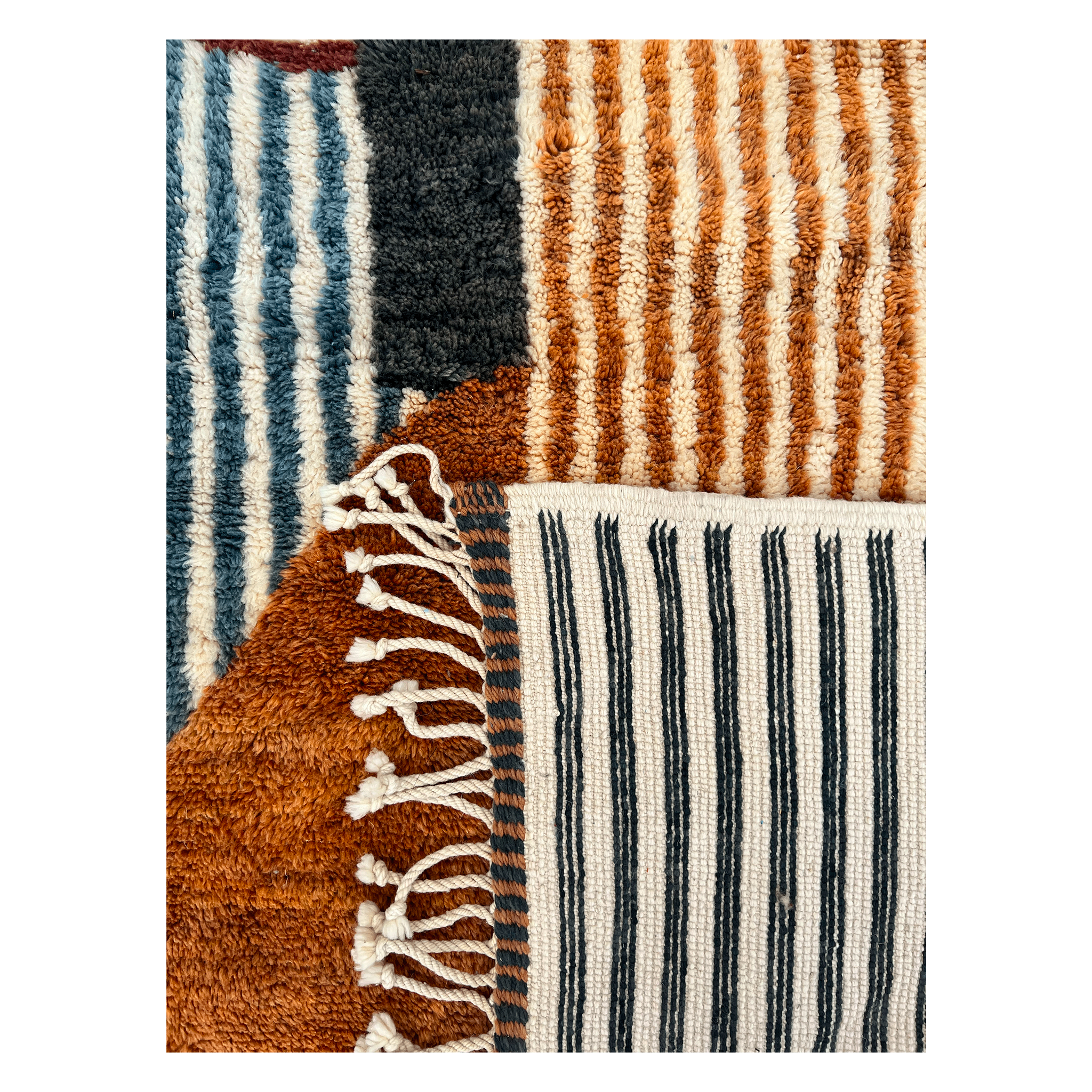 Elevate your space with the Modern Mrirt Moroccan Wool Rug. Featuring a contemporary design of solid color lines and abstract half circles in Blue, Black, Deep Brown, Maroon, and Cream, this handcrafted rug exudes luxury. Perfect for modern and eclectic styles. Shop now for an ultra-luxe addition to your home.