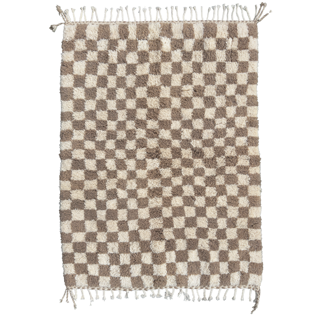 This rug combines the classic appeal of checkers with a modern twist, featuring a sophisticated color palette of cream and taupe.