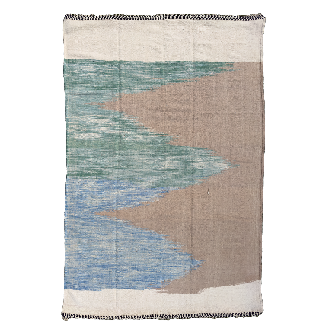 The design features a harmonious blend of sea green, sky blue, taupe, and cream colors, creating a sense of serenity and natural beauty. The rug&