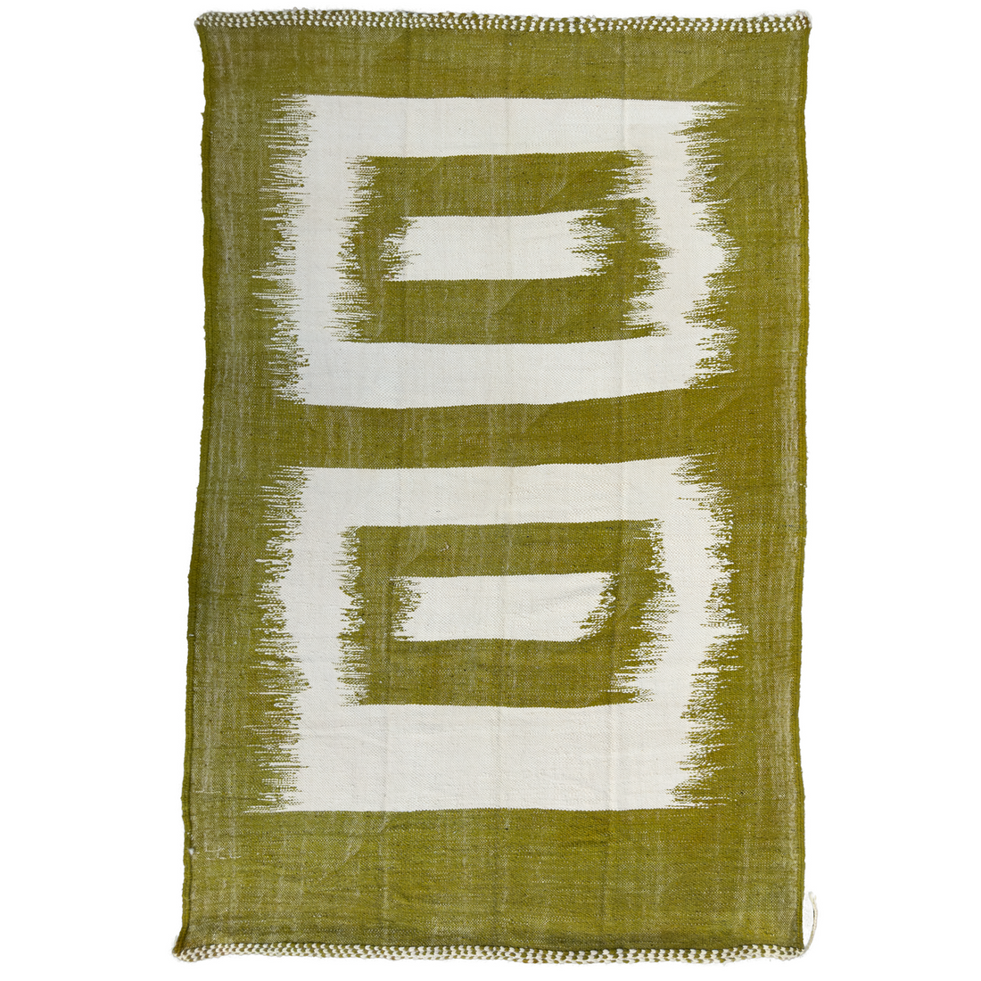 A minimalistic design with the practicality of no pile construction. The rug features a captivating contrast between cream and olive green colors, creating a soothing and natural aesthetic.