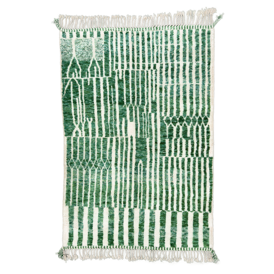 The depth of green shades in this rug is what gives this rug its personality. The variation of the linework width makes for a rug that has alot of depth, even for just having two colors. The abrash green depicts a range of shades of green. The thick knots and ½” medium pile give for a fabulous feel to the touch.
