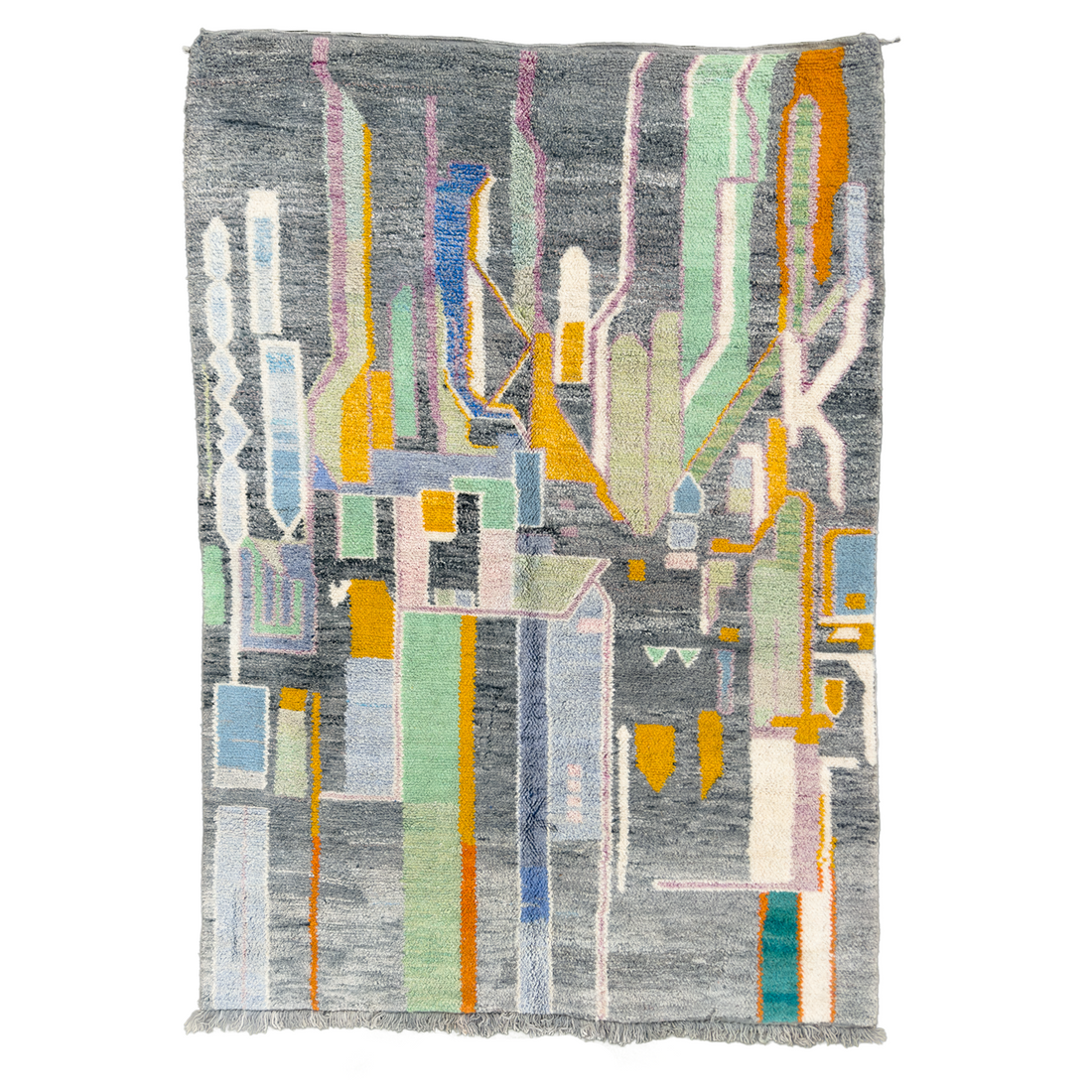 Elevate your space with Miro Gris, an eclectic and maximalist Boujad rug. Handcrafted with plush wool, this Moroccan masterpiece features an intricate pattern and a vibrant color palette of grey, azul, light blue, light purple, and aquamarine. A luxurious statement piece that adds Moroccan artistry to any room. Available in a generous size of 7&