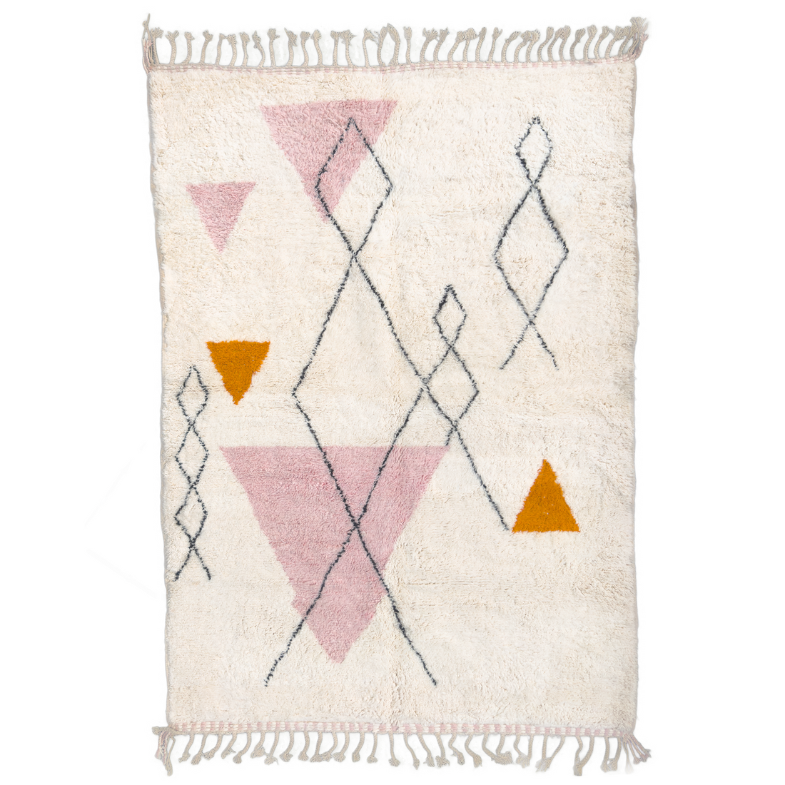The rug features a classic cream base adorned with intricate black linework, while the eye-catching gold and pink accents add a refreshing twist to the traditional pattern. 