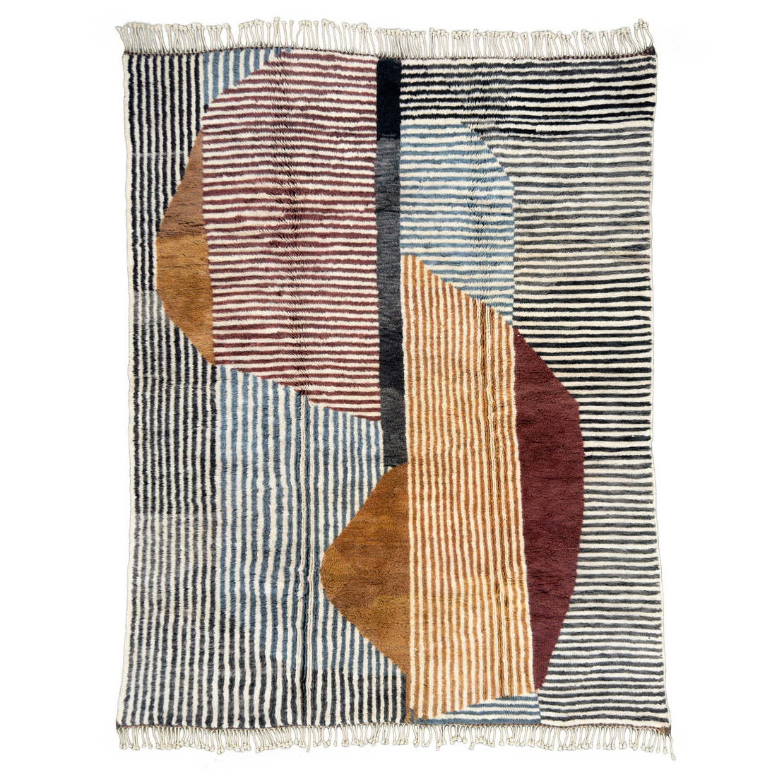 Elevate your space with the Modern Mrirt Moroccan Wool Rug. Featuring a contemporary design of solid color lines and abstract half circles in Blue, Black, Deep Brown, Maroon, and Cream, this handcrafted rug exudes luxury. Perfect for modern and eclectic styles. Shop now for an ultra-luxe addition to your home.