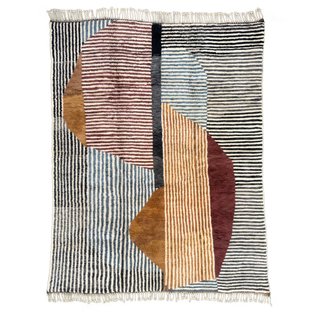  Elevate your space with the Modern Mrirt Moroccan Wool Rug. Featuring a contemporary design of solid color lines and abstract half circles in Blue, Black, Deep Brown, Maroon, and Cream, this handcrafted rug exudes luxury. Perfect for modern and eclectic styles. Shop now for an ultra-luxe addition to your home.