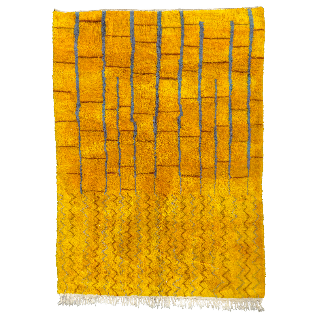 This rug features a captivating design with a vibrant golden yellow base and intricate grey and brown linework. The plush pile height and dense knots ensure both comfort and durability.
